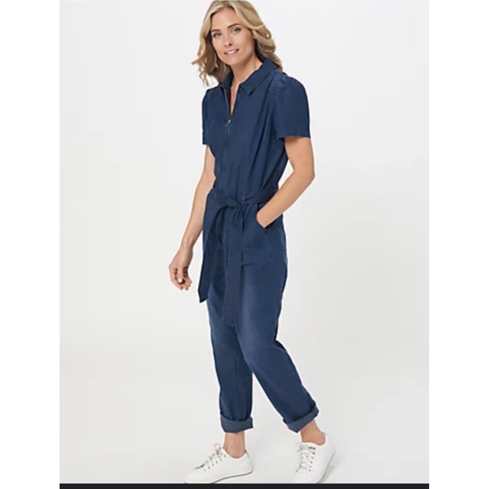 Candace Cameron Bure Denim‎ Chambray Utility Jumpsuit Belted Blue Size S - Picture 2 of 11